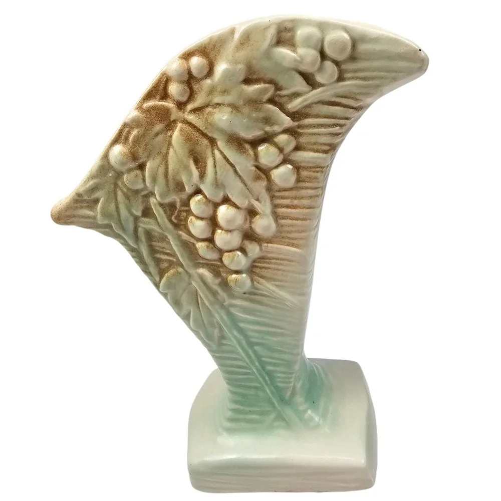 Vintage Ceramic Fan Vase Embossed Grape‎ Leaf Seafoam Green Brown Mid Century